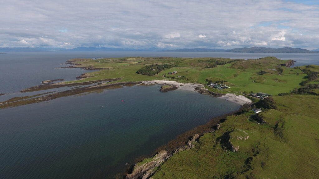 Aerial view from a drone of the sandy Gallanach Bay, Isle of Muck